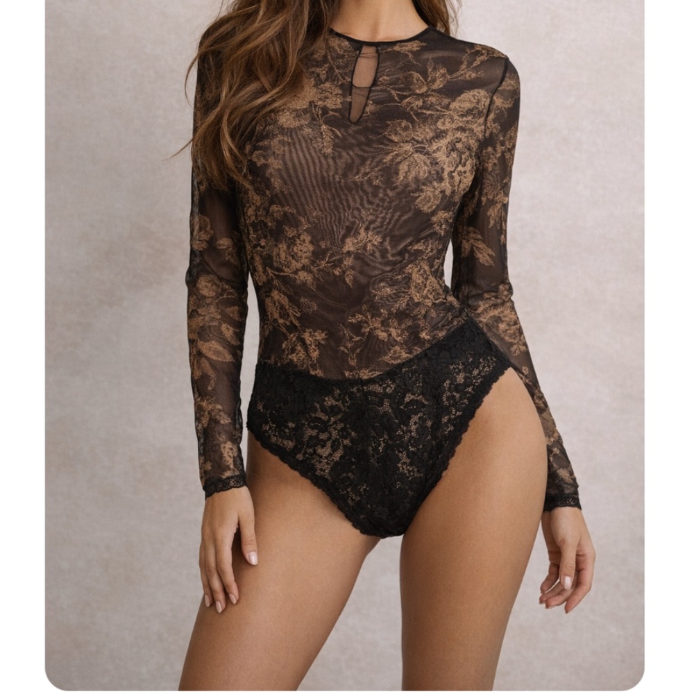 Vintage 80s Guy Laroche Sheer Mesh Floral Bodysuit Lace Teddy Black Gold M LS